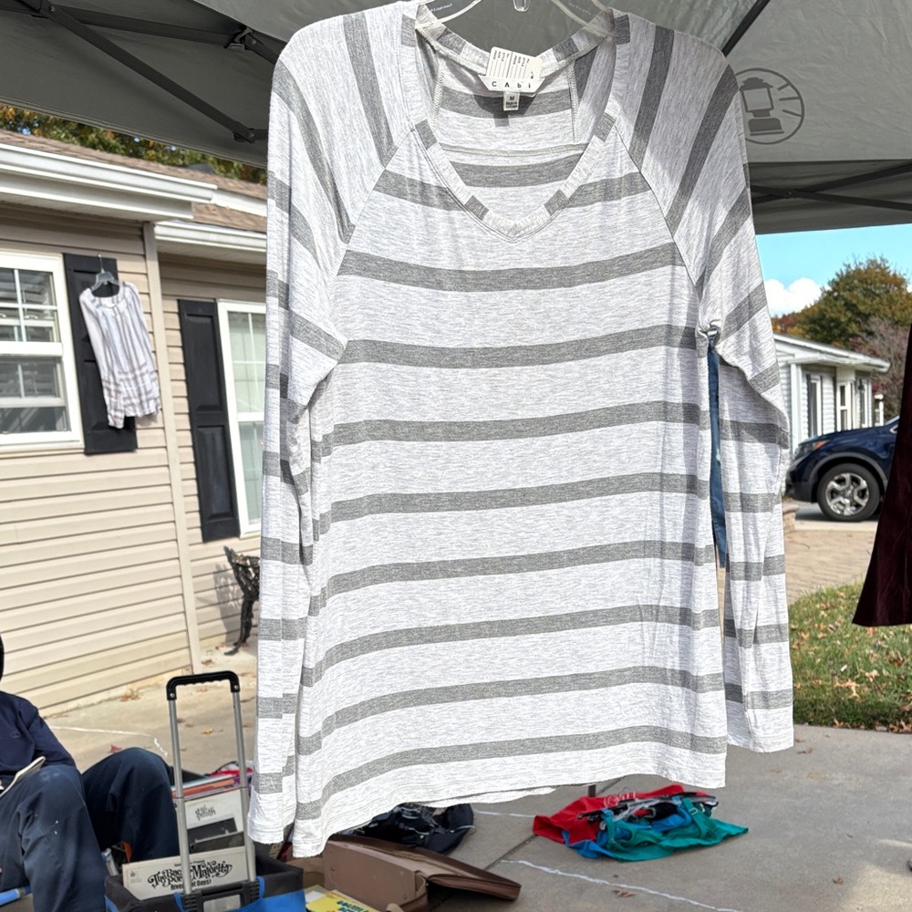 CAbi Gray and White Striped Top
